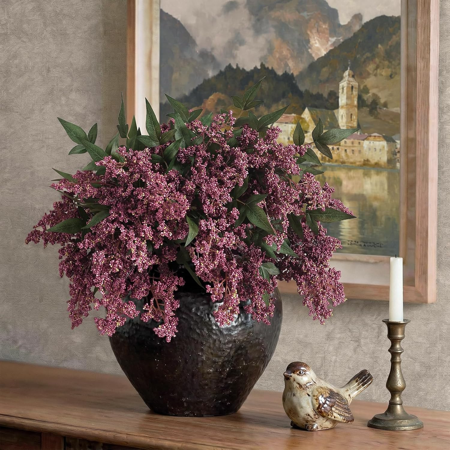 12 Pcs 17″ Artificial Nandina Berry Stem, Faux Berry Spray(Dusty Plum) | DIY Bou