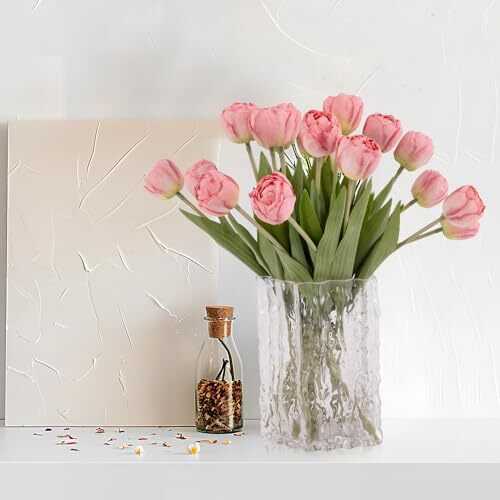 12pcs Fake Pink Tulips Burnt Edge Silk Tulips Artificial Flowers with 14.9” …