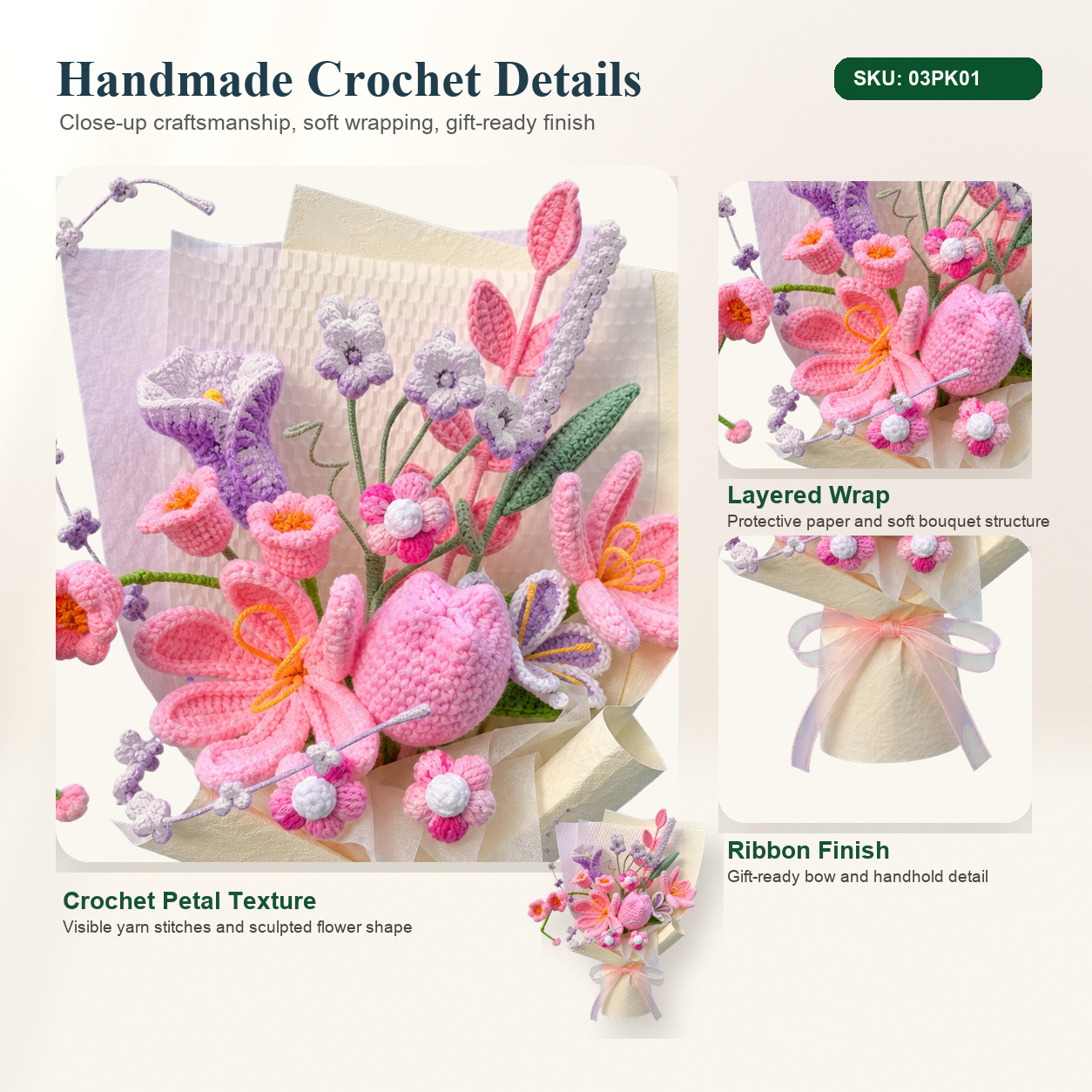 Handmade Crochet Flower Bouquet Pink Purple Lily Mixed Gift for Mom
