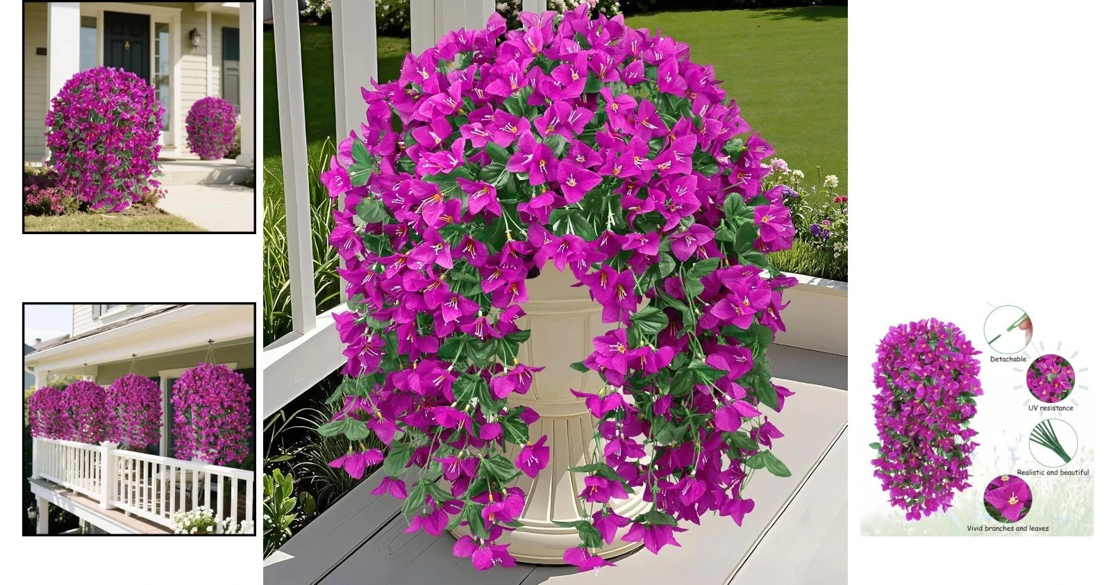 3pcs Bougainvillea Hanging Flower Basket Artificial Silk Outdoor Porch Decor