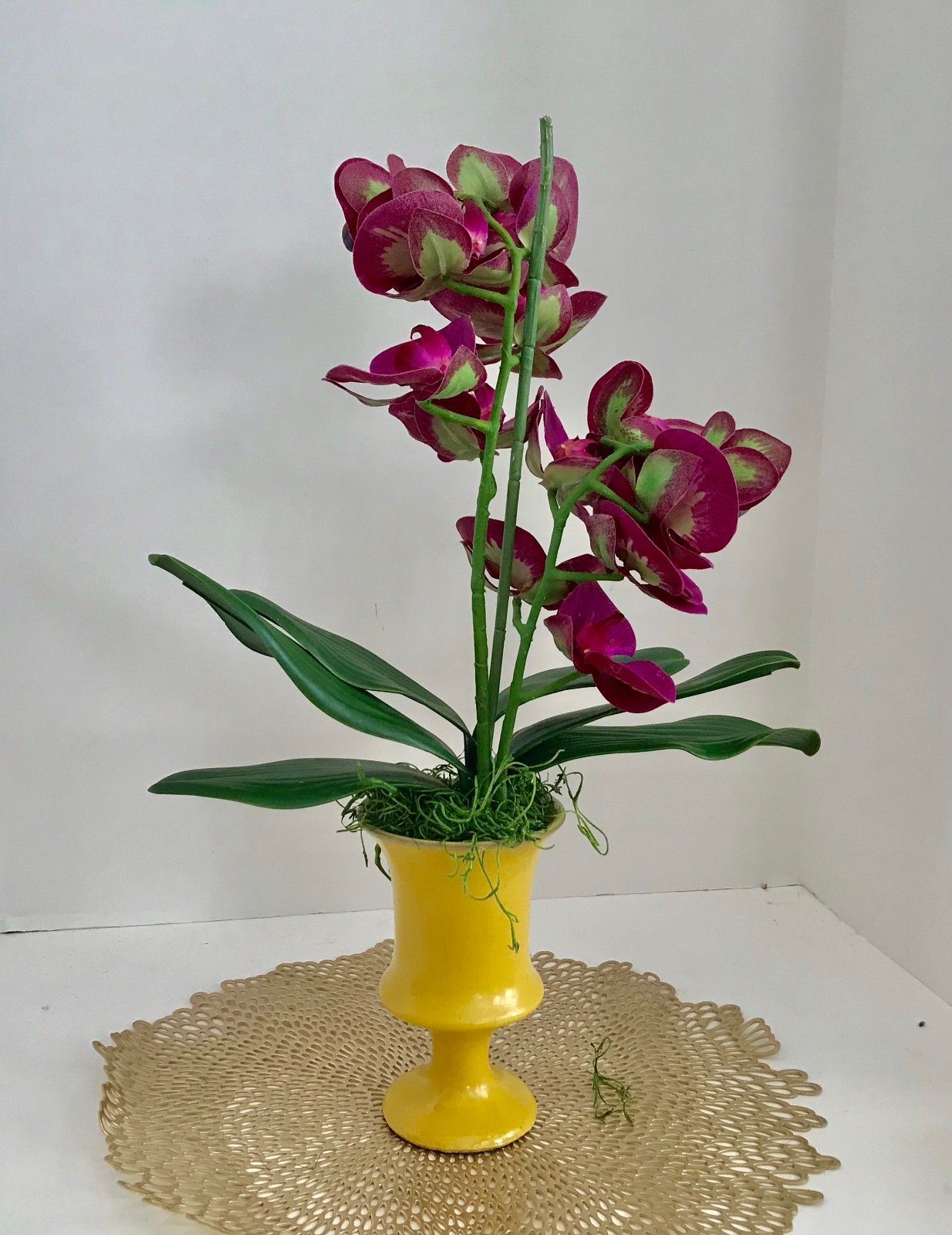 Silk Floral Arrangement with White Purple Silk Orchids, in a Yellow Art Deco Vas
