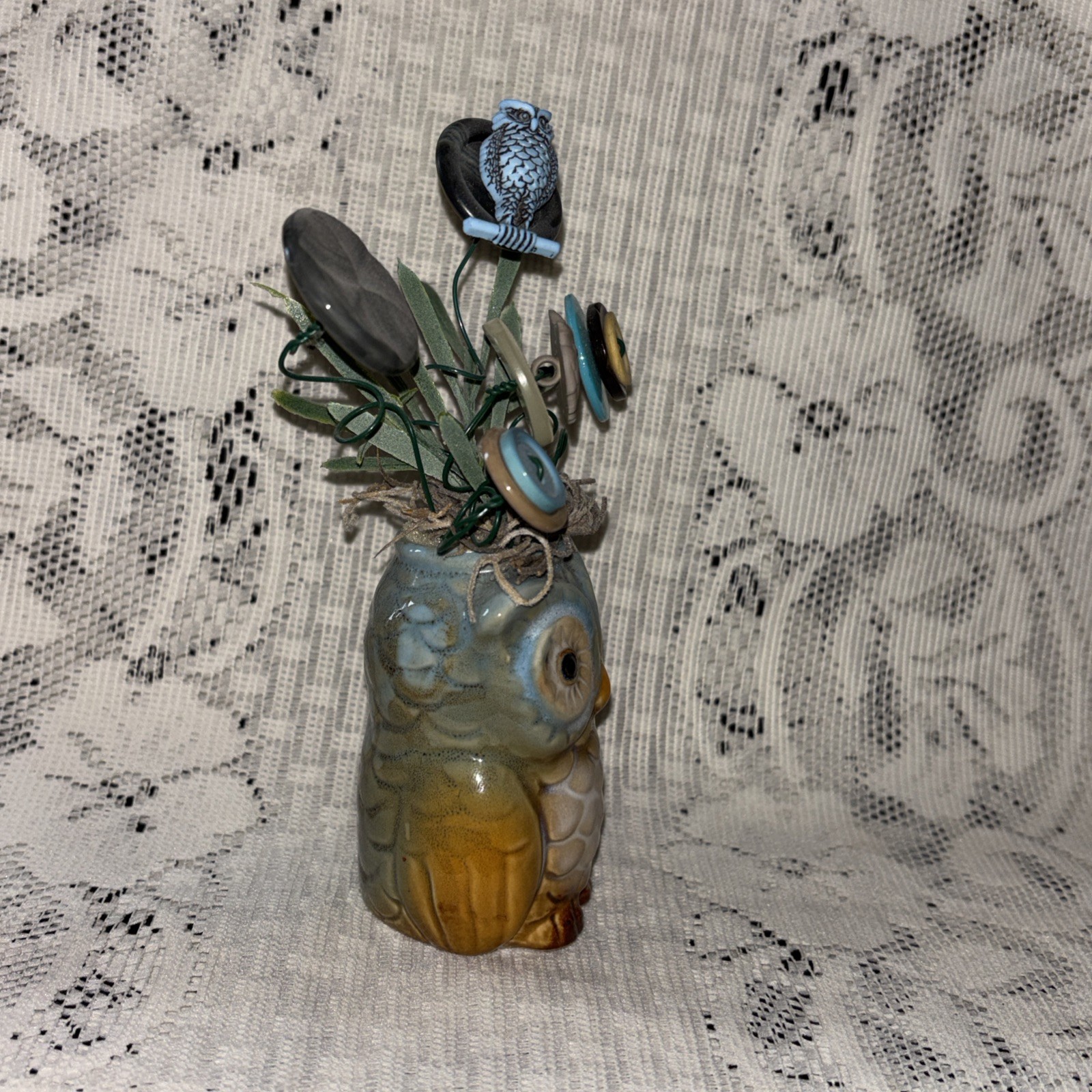 Handmade Button Bouquet Mini Ceramic Owl Vase Home Decor