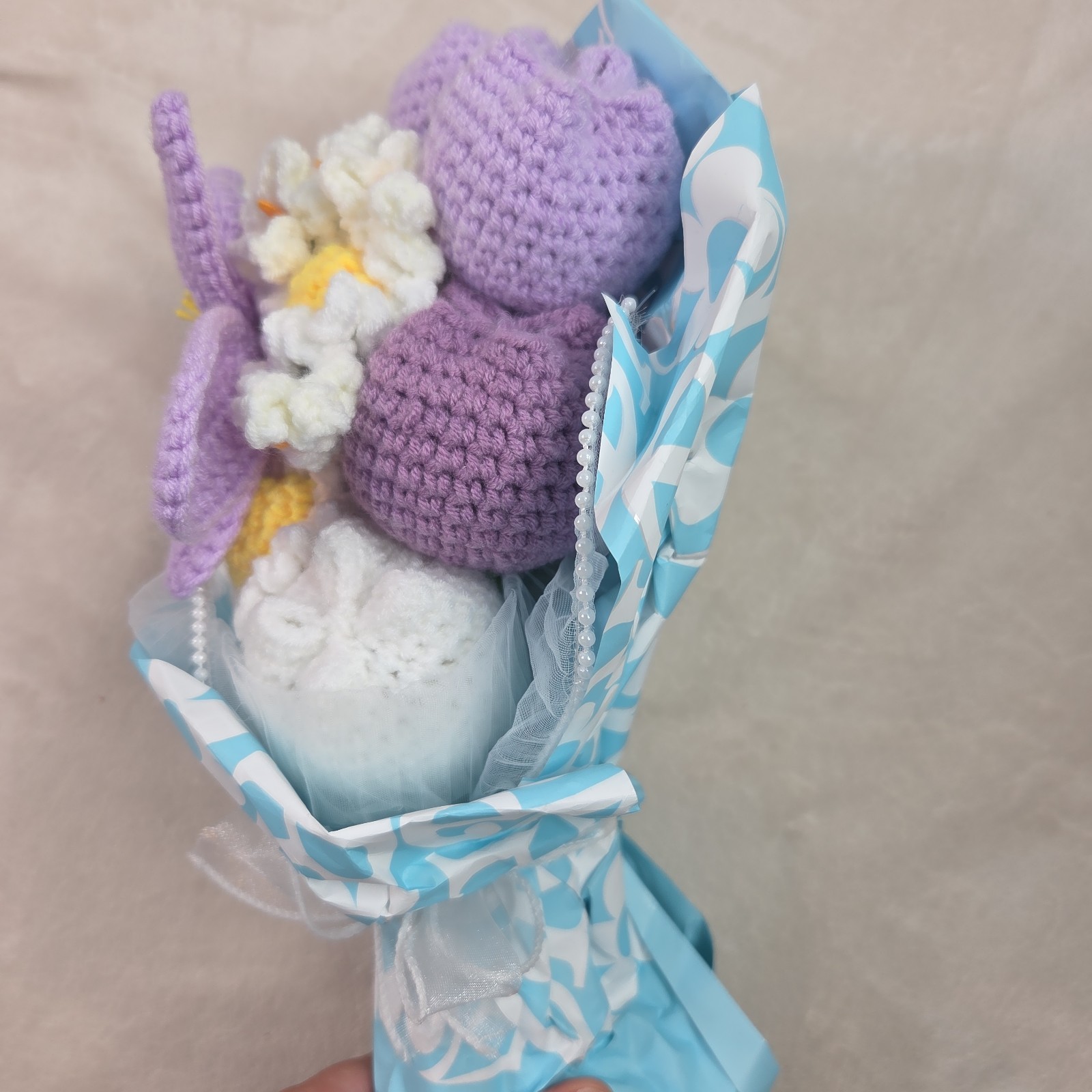 Crochet Flower Bouquet Purple Handmade Knitted Flowers Rose Tulips Bunch Bundle