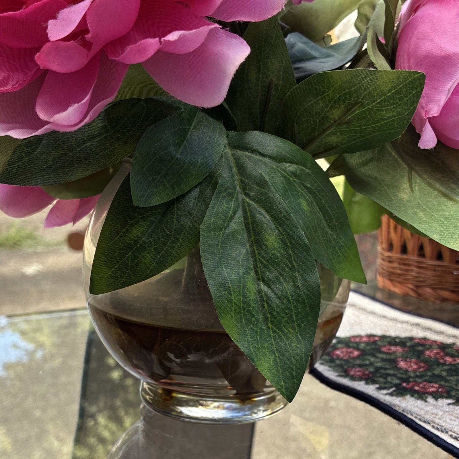 Artificial Pink Peony Arrangement in Glass Vase w/ Green Leaves
