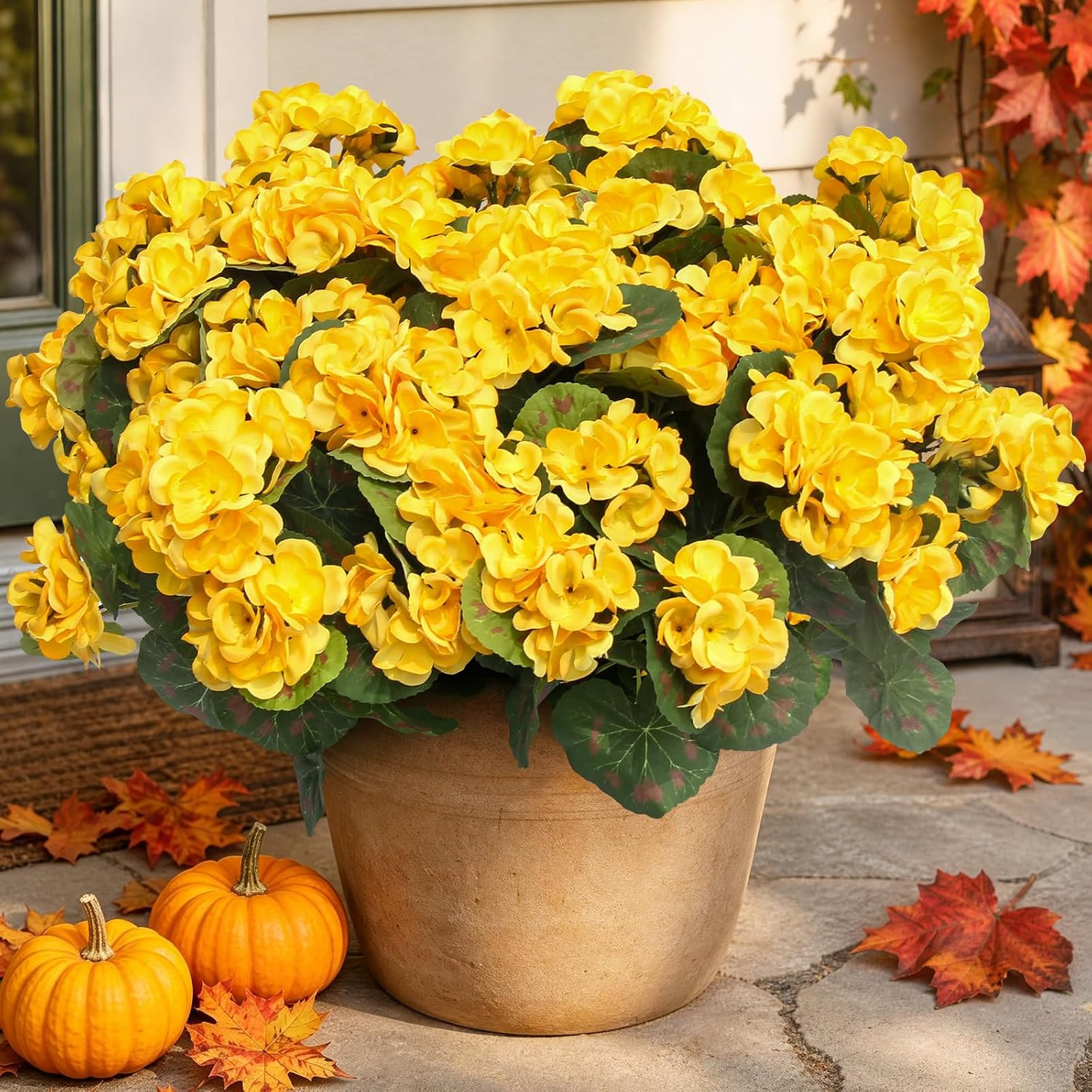 Artificial Geraniums Fake Flowers for Outdoor, 6PCS Yellow | UV Resistant Fall A