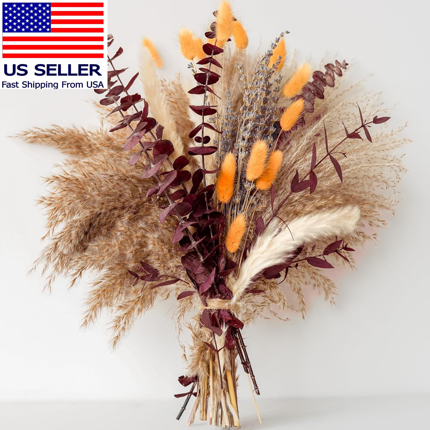 Fall Dried Flower Bouquet with Pampas Grass, Orange Bunny Tails, Lavender & Red