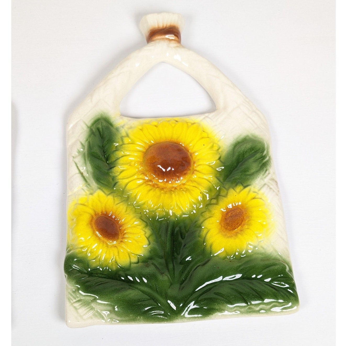Vintage Ceramic Sunflower Wall Hangs Yellow and Green Hanging Wall Art Pair