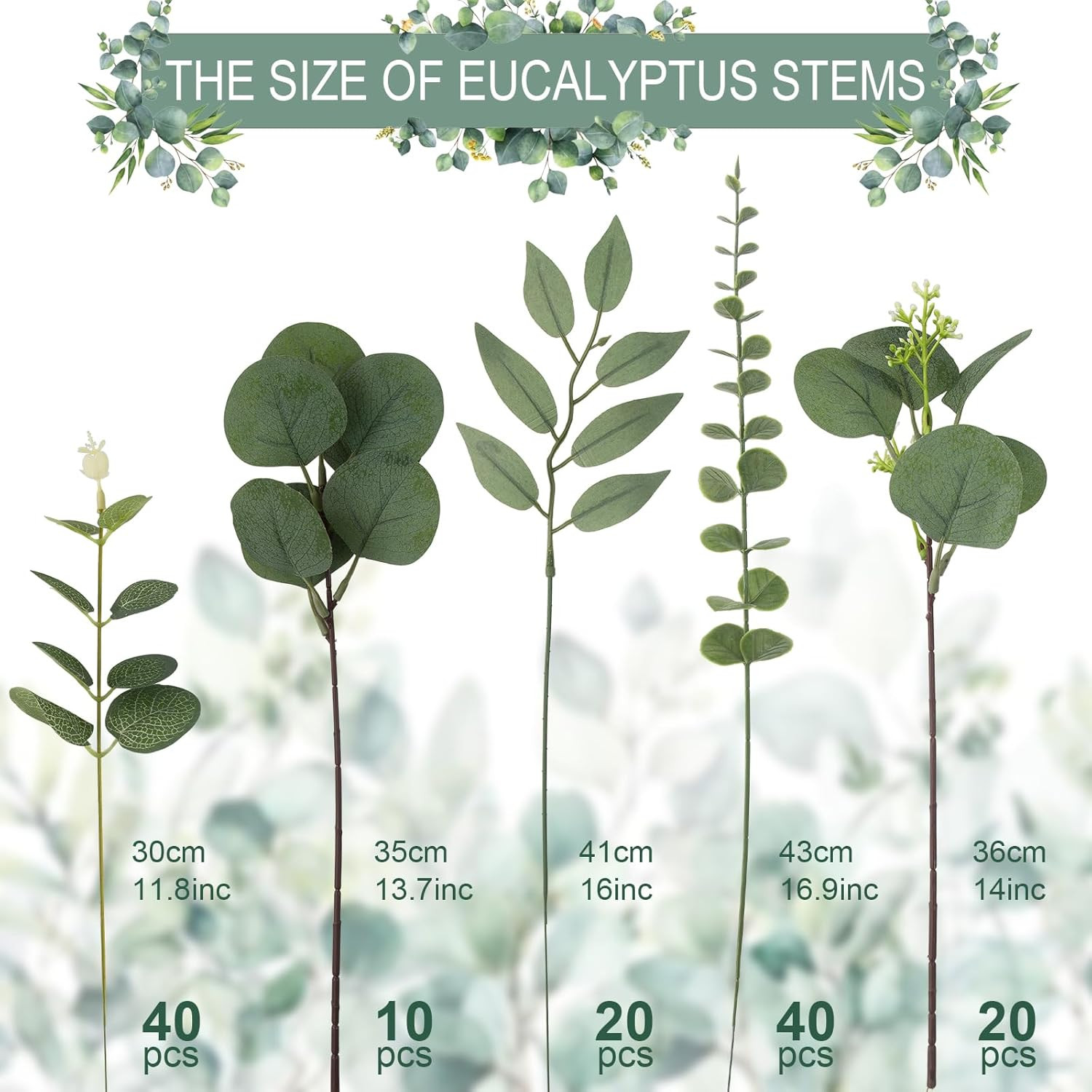 130 Pcs Artificial Mixed Eucalyptus Stems Bulk 5 Kinds Faux Greenery Eucalyptus