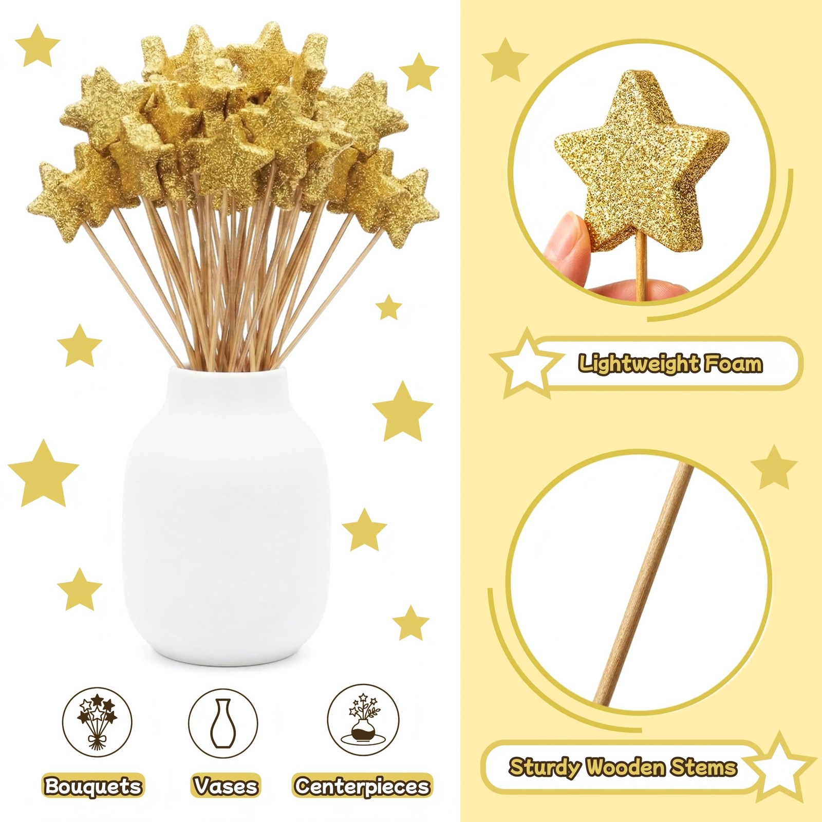 60 PCS Golden Glitter Star Floral Picks, 8.5 Inch Sparkly Foam Star with Wood…