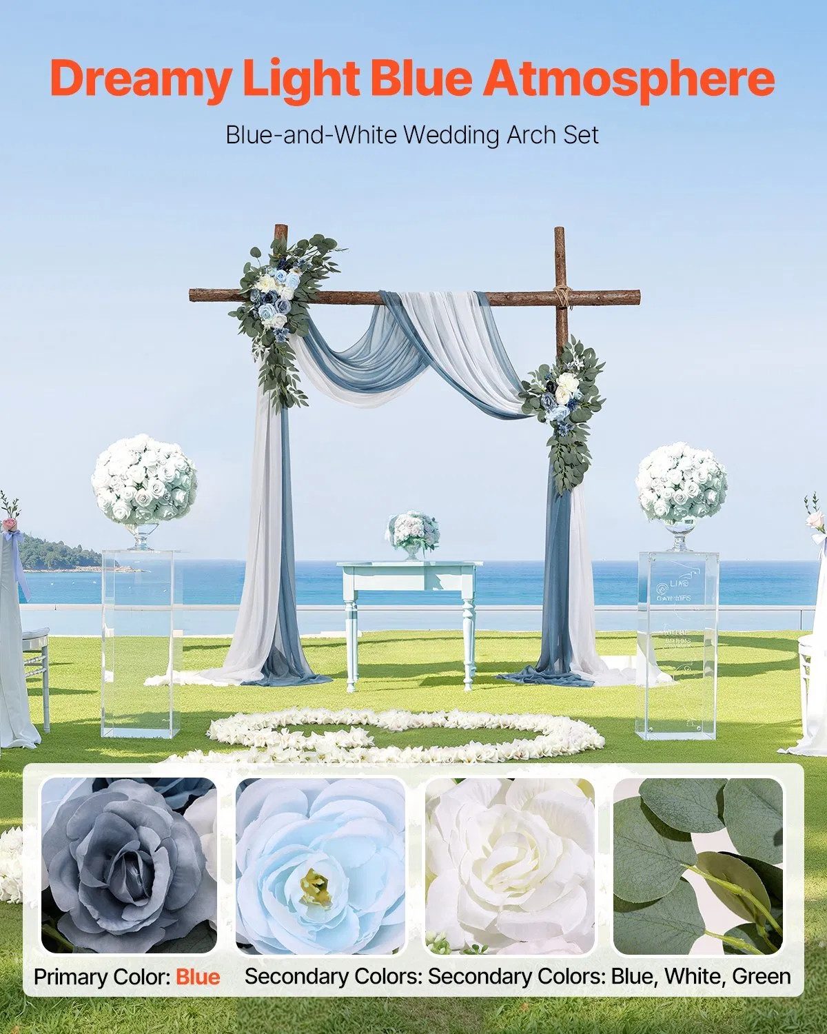 Artificial Wedding Arch Flowers Kit, Blue Wedding Arch Flowers with Drapes Kit (