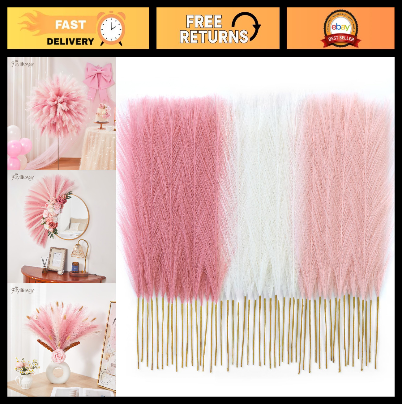 50PCS Blush Pink Pampas Grass – 17in Fluffy Boho Decor for Weddings, Birthdays,