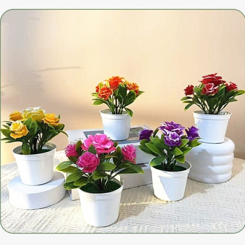 Indoor Artificial Rose Bonsai in Pot for Contemporary Home Office Table Decor