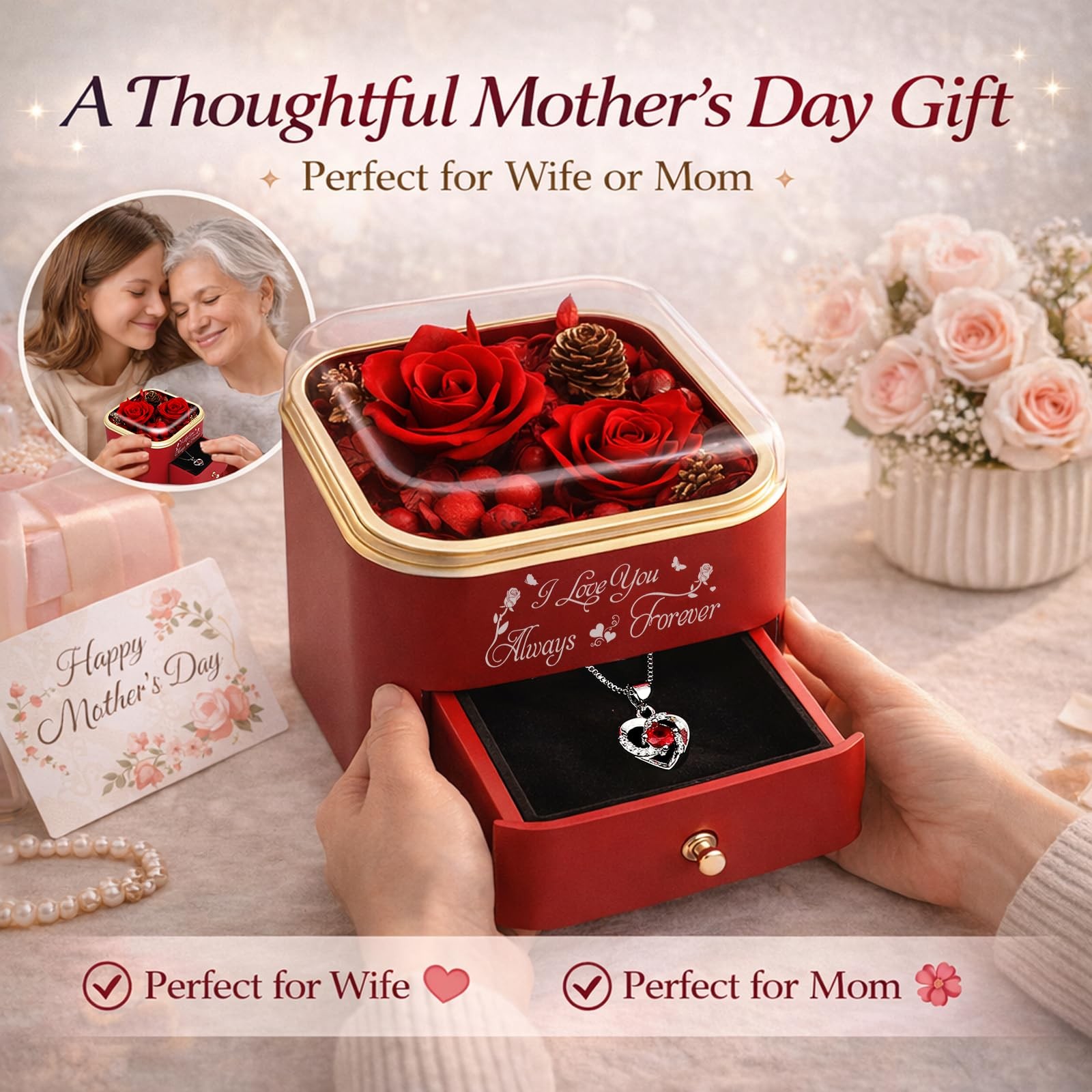 minstely Forever Preserved Rose Gift Box with Hidden Necklace, Romantic Flowe…