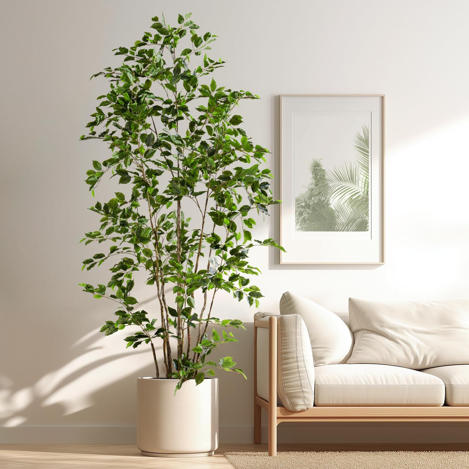 Artificial Ficus Tree Indoor 8Ft, Large Potted Faux Tree with Realistic Silk Lea