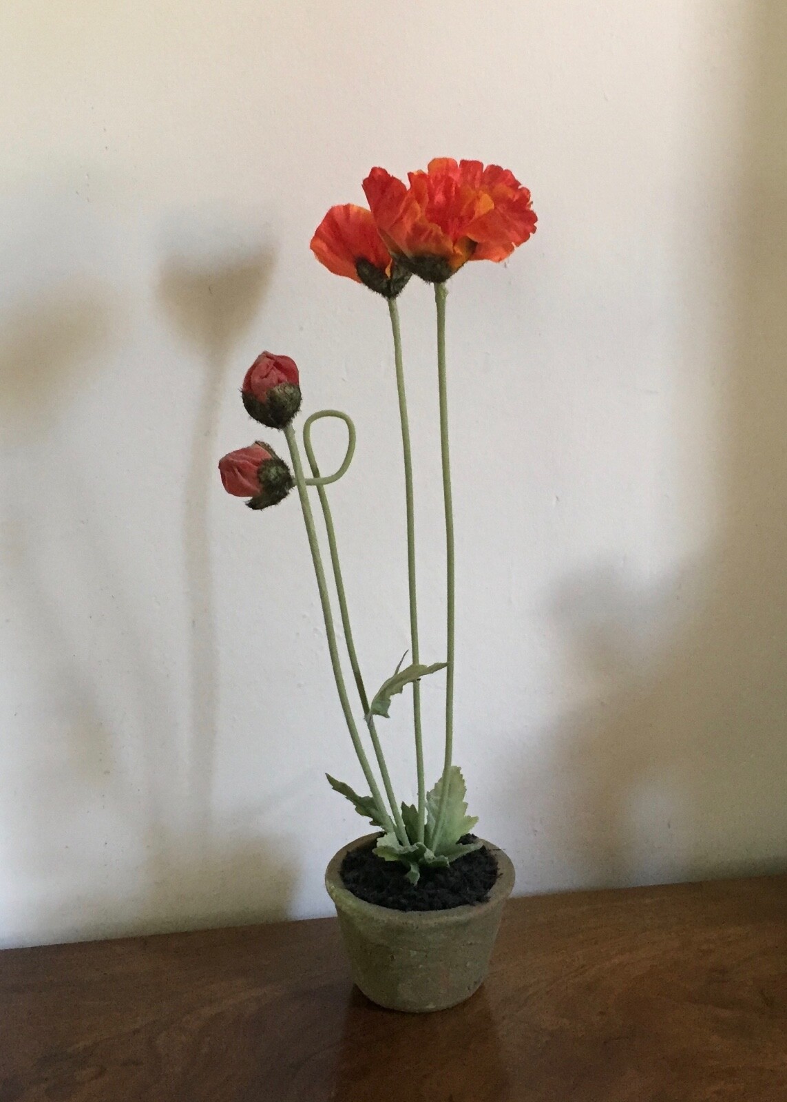 Vintage Fabric Flower or Artificial Plant in Terra Cotta Pot Red Poppy