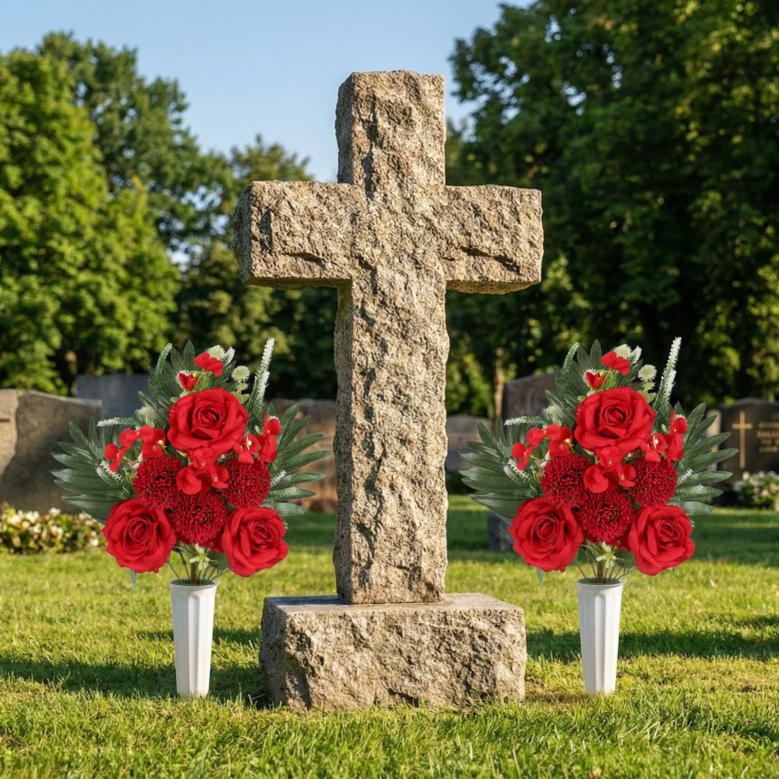 2 Sets Cemetery Flowers for Grave, Outdoor Roses Chrysanthemum Hydrangea Arti…