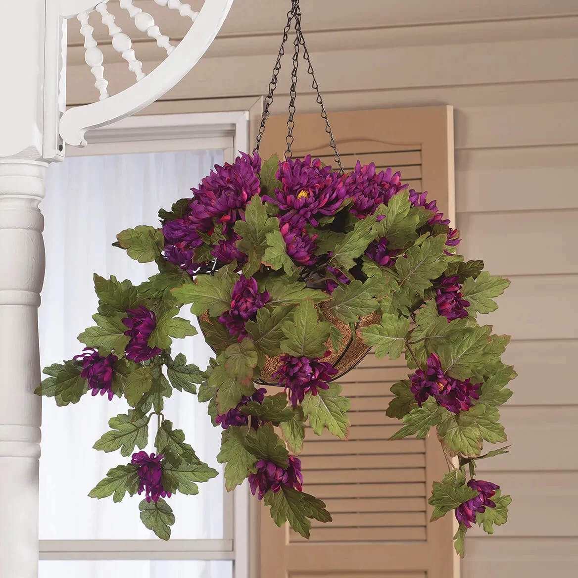 Large Artificial Purple Mums Hanging Basket Indoor Outdoor Patio Garden Decor