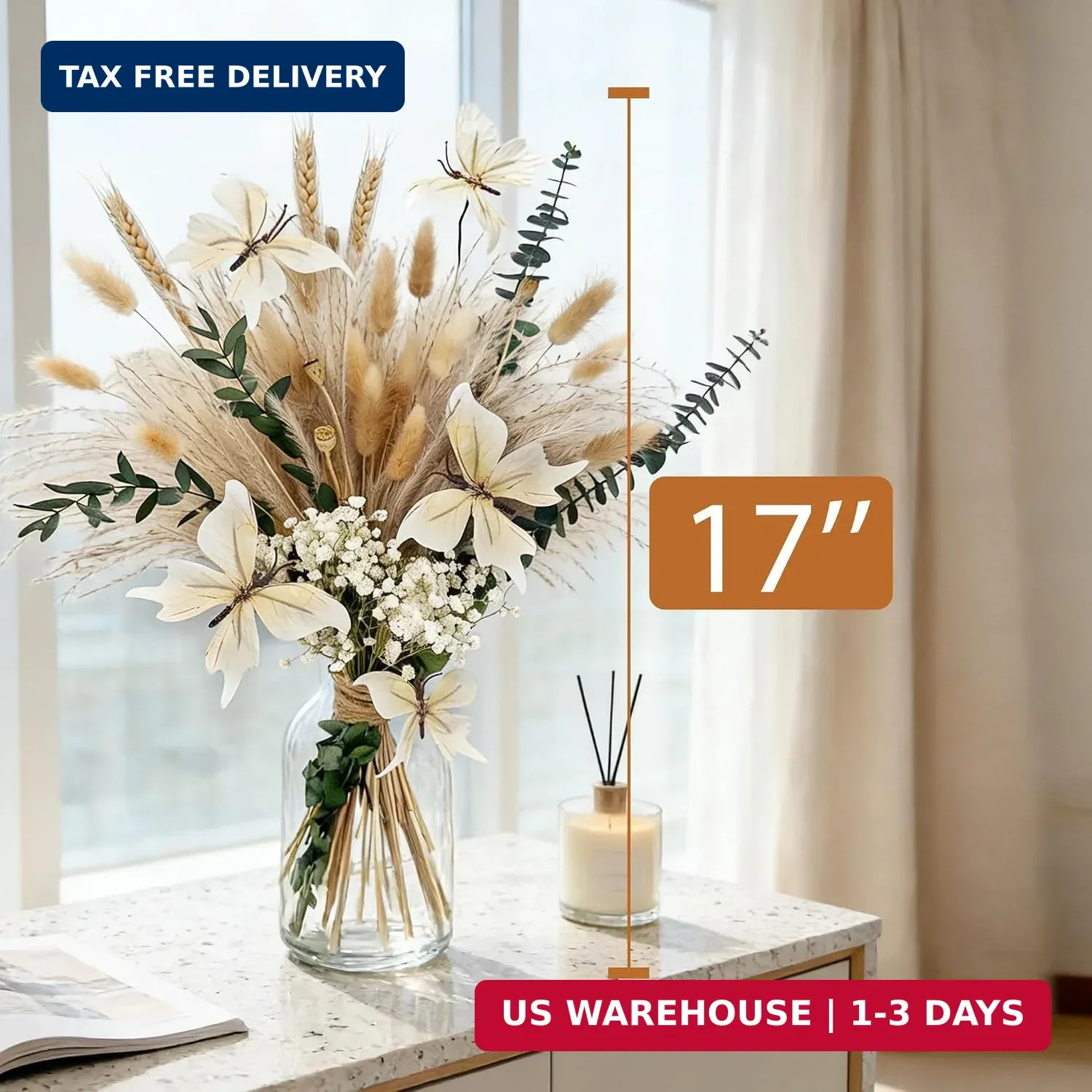 Pampas Grass Dried Flower Bouquet for Boho Home Decor | Eucalyptus, Butterflies