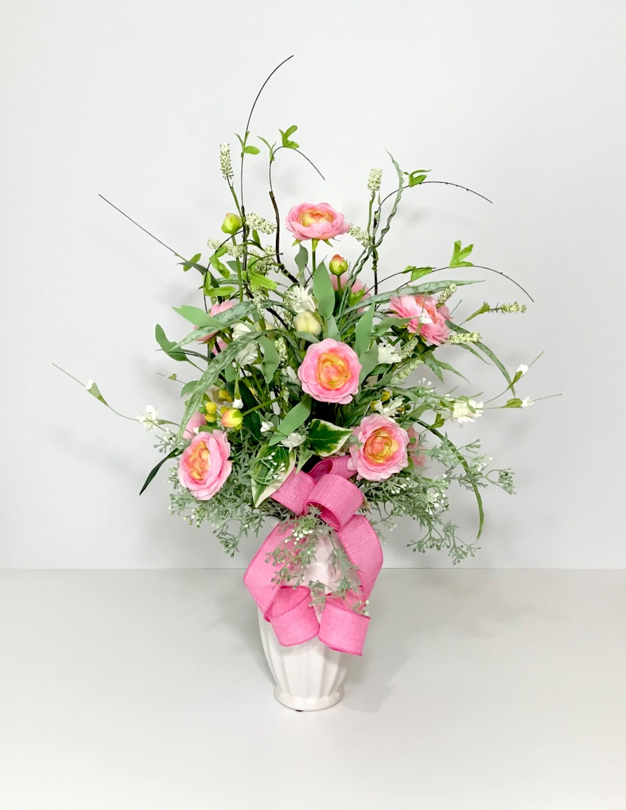 ELEGANT PINK YELLOW FLORAL ARRANGEMENT WHITE CERAMIC VASE CENTERPIECE GIFT NEW