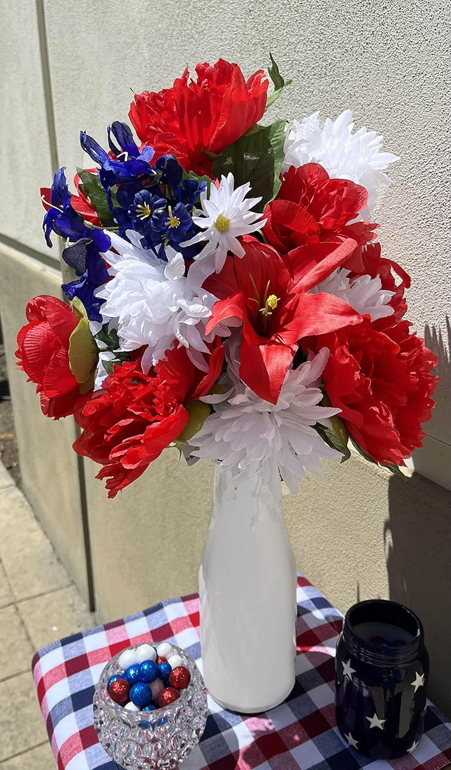 24 Stems 2Pcs Artificial Flower Peony Lily Mum Patriotic Memorial Bouquet Cemete