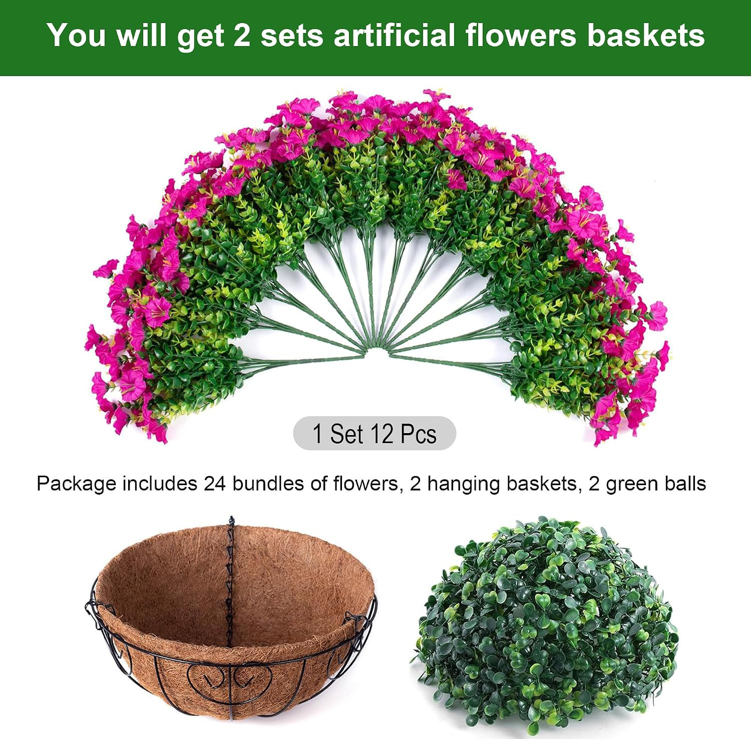 2 Set Artificial Hanging Flowers Baskets Fake Plants for Outdoors Spring Porch