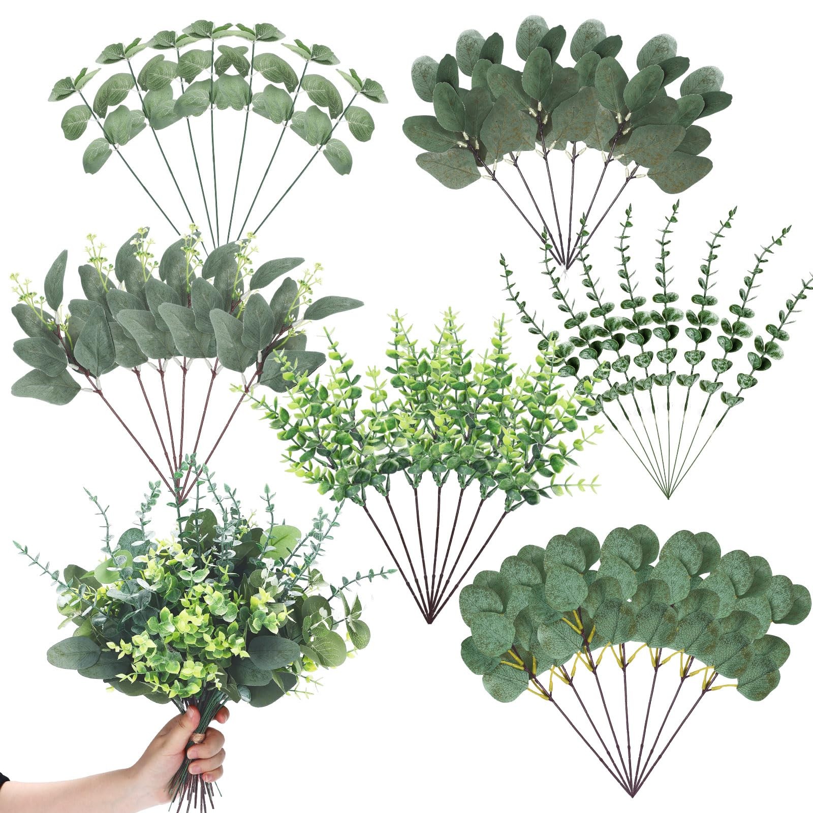 30 Pcs 6 Kinds Mixed Greenery Stem Artificial Faux Eucalyptus Leaves Silver D…