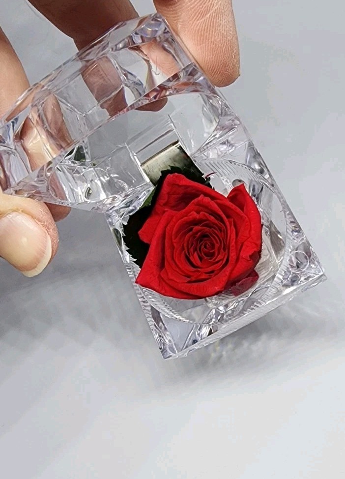 preserved Real red rose W Leaf In clear diamond shaped acrylic Ring box