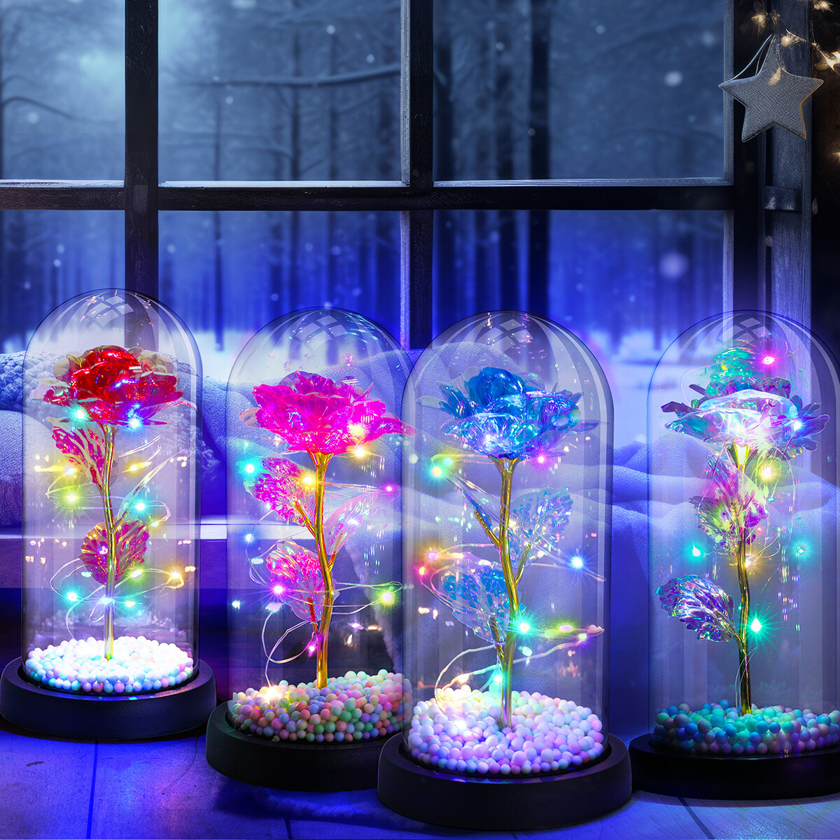 Preserved Eternal Gold Foil Rose In Glass Galaxy Flower Dome LED Light Gift Her