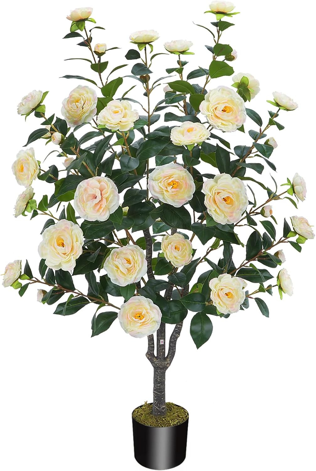 3.6FT Artificial Camellia Tree with 32 Yellow Pink Flowers for Indoor/Outdoor De
