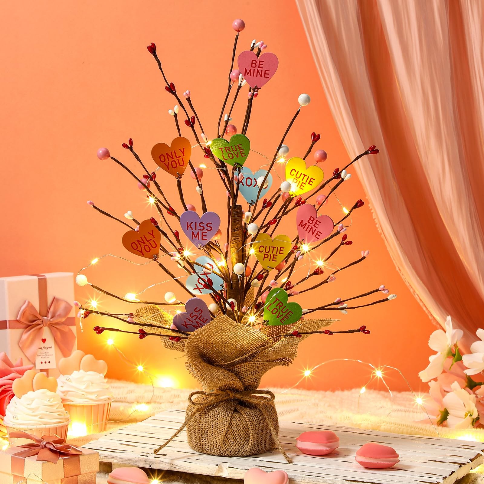 Lighted Valentine Heart Candy Tree Tabletop Decorations Artificial Branches
