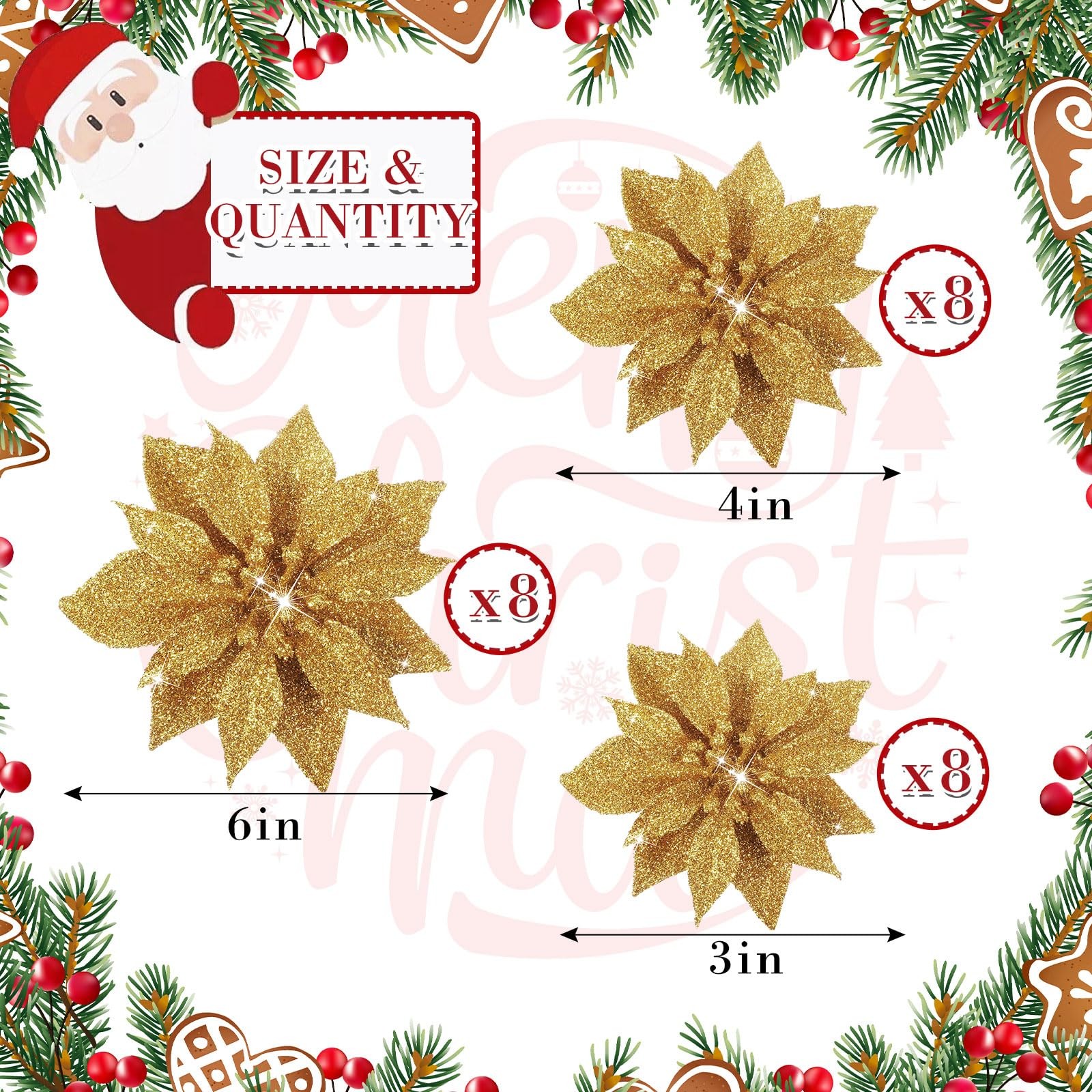 24 Pcs Christmas Poinsettias Artificial Flowers, 6 4 3 Glitter Poinsettia Cli…