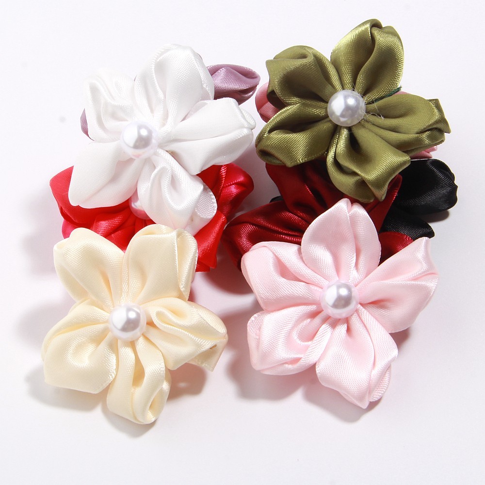 5cm Sweet Rosette Satin Ribbon Flowers With Pearl Used for Diy Headband