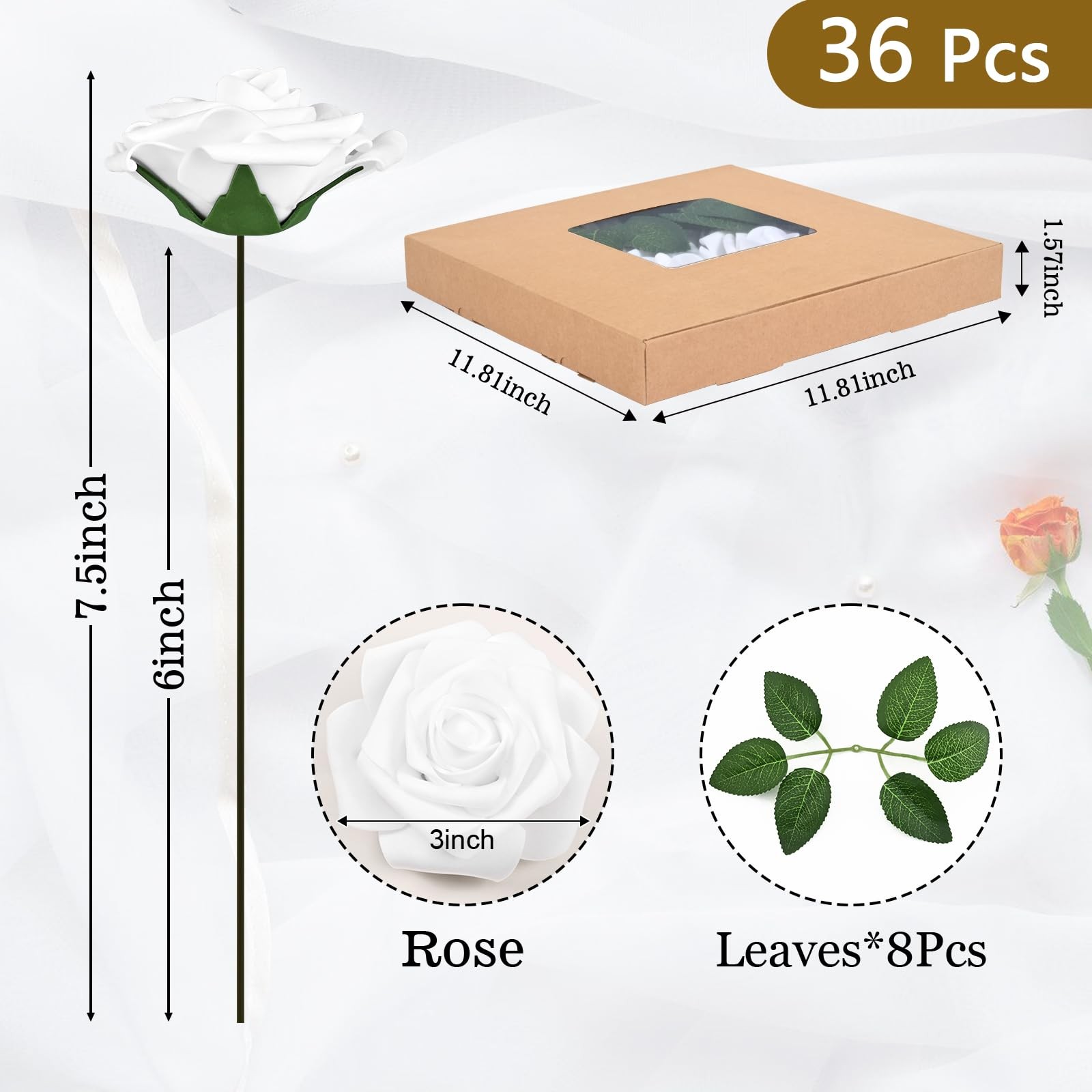 BLEUM CADE 36Pcs Artificial Flowers Fake Roses with Stems, White Boxed Foam R…