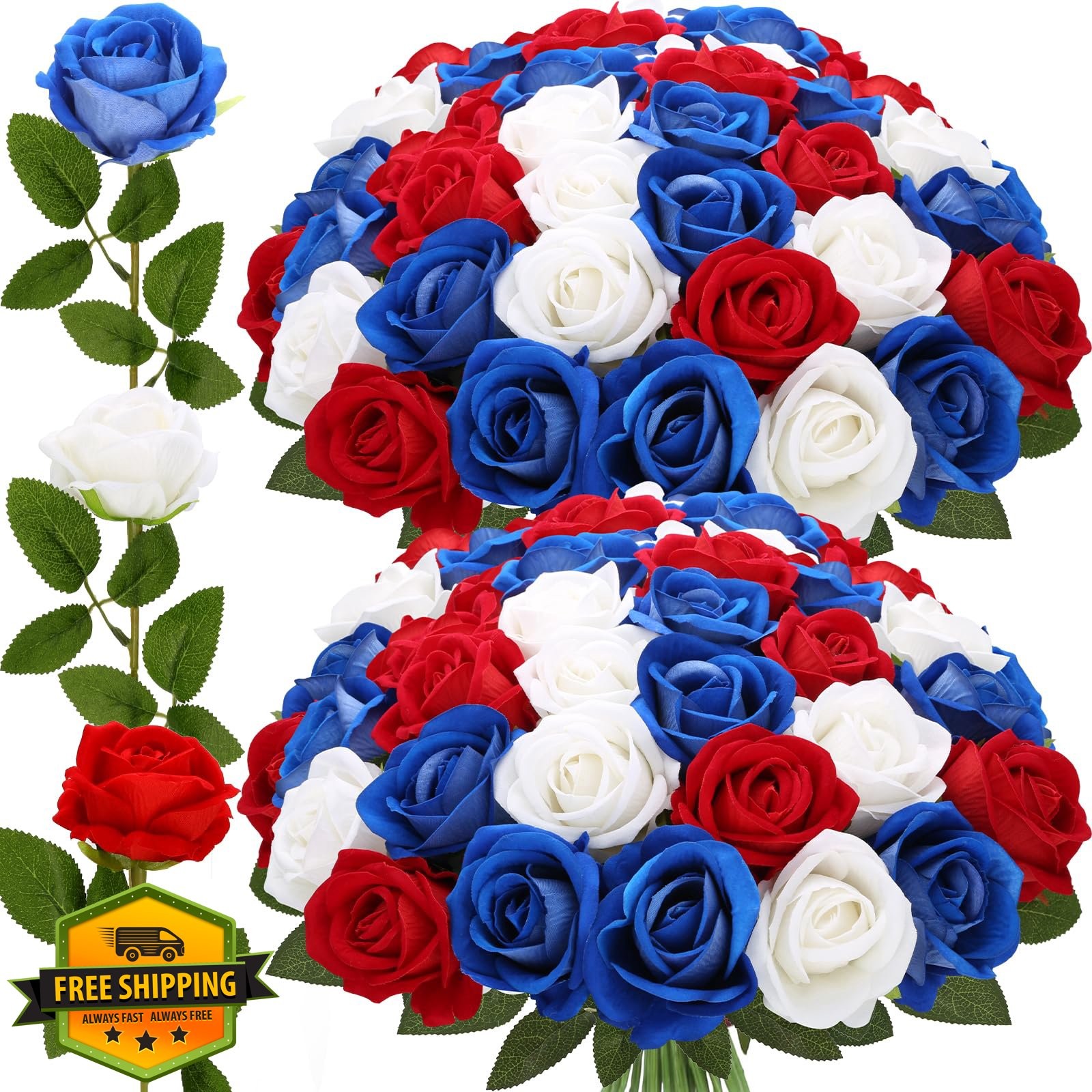 24pc Red White Blue Roses Artificial Flowers 4th July Patriotic Silk