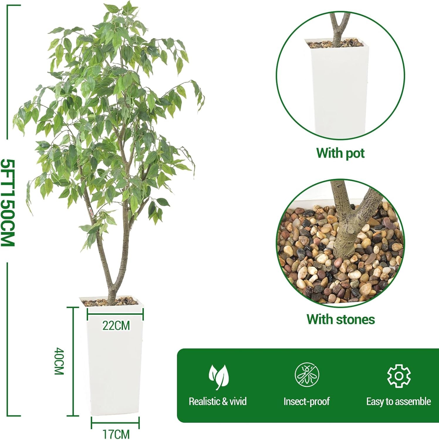 Artificial Plants, 150cm Tall Plant Ficus Artificial Tree with White Pot, Fake