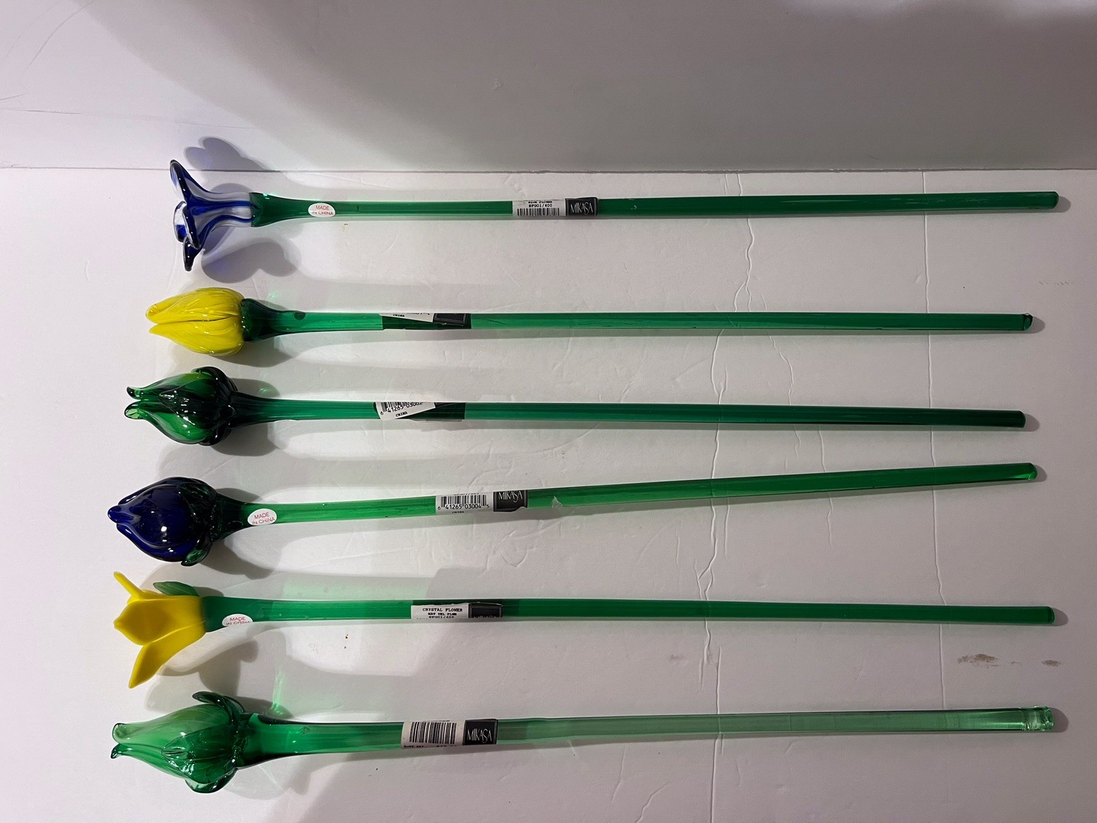 Hand Blown Vtg MIKASA Crystal Long Stem Art Glass Multicolor Flowers Lot Of 6