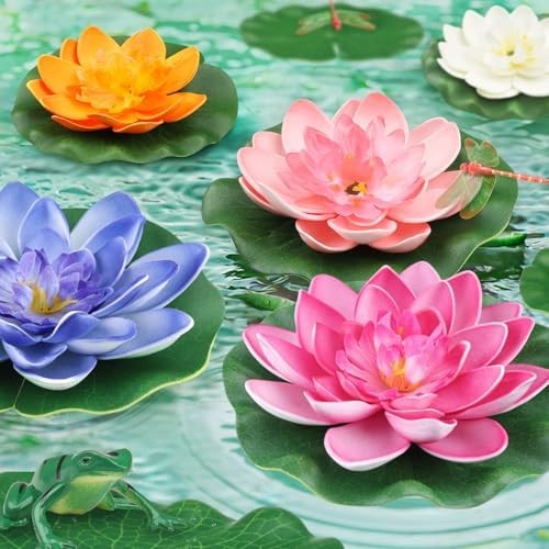 22 Pack Artificial Floating Foam Lotus Flowers with Artificial Frog Lotus Leaves