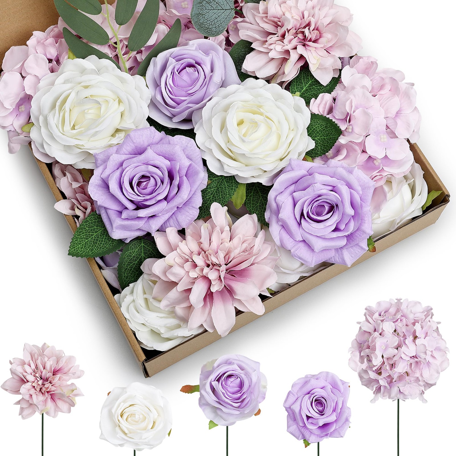 Artificial Flowers Combo, Violet DIY Fake Silk Flowers Set Decor with Stems f…