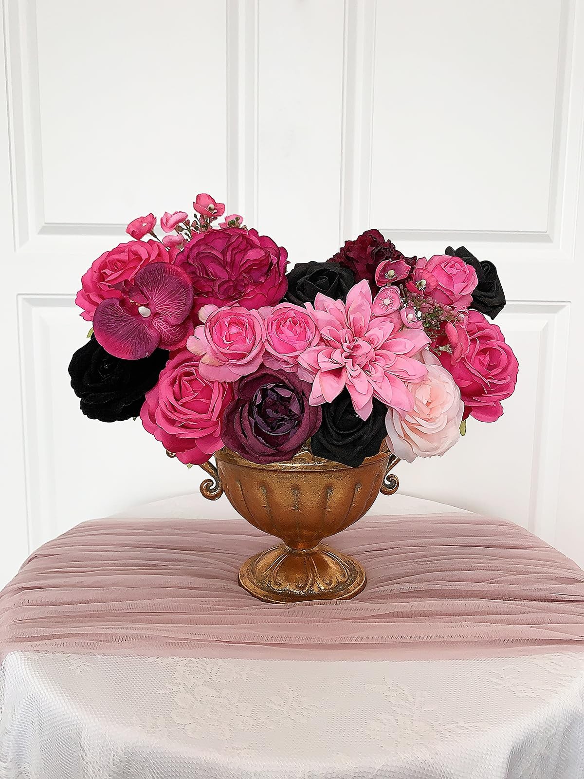 Fuchsia, Black Artificial Rose Flowers, Fake Bouquet, Silk Floral, Home Decor