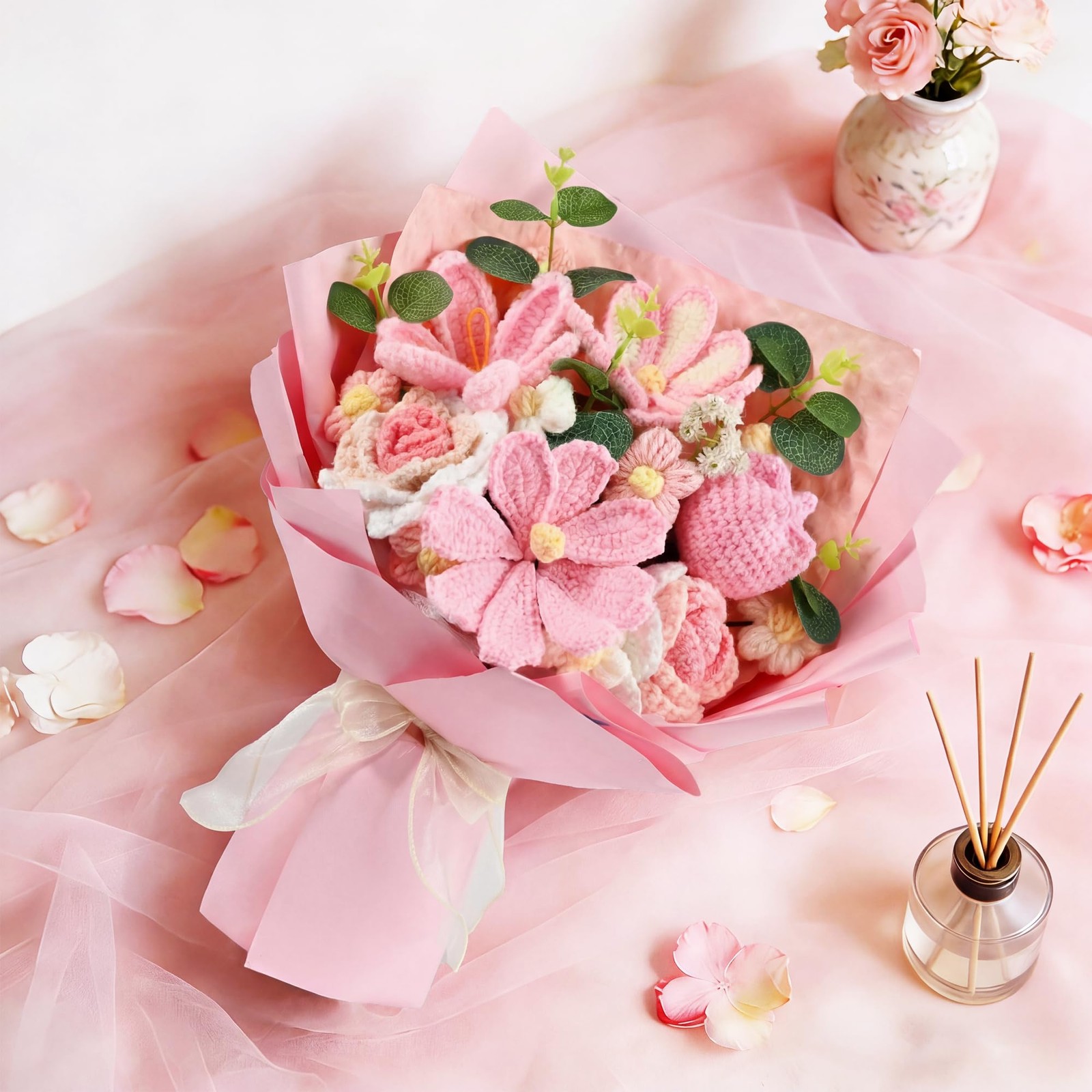 18Pcs Handmade Crochet Flower Bouquet Knitted Yarn Flowers with Bag & Card, A…
