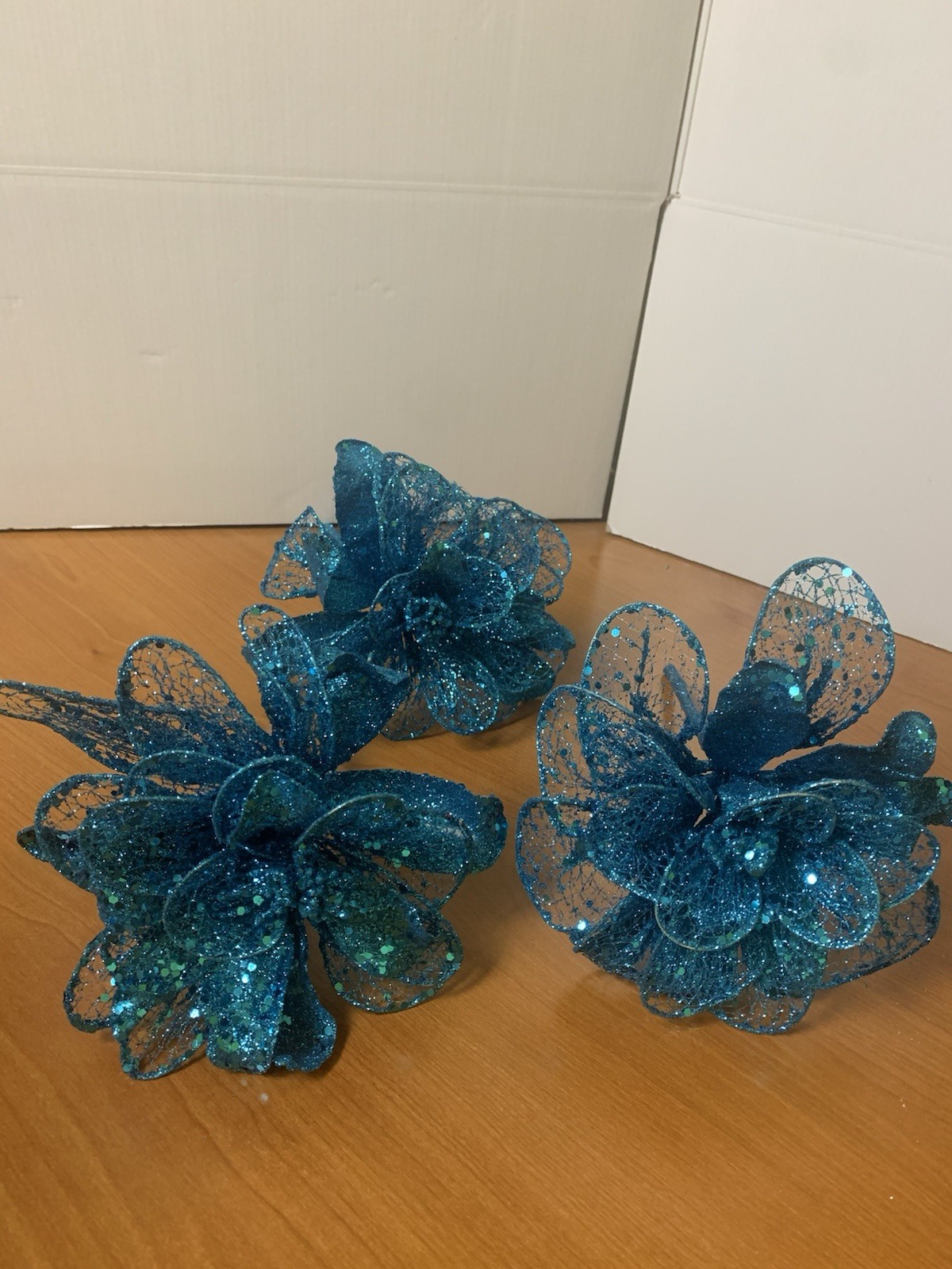 Lot Of 3 Glittered Turquoise Floral Stems 10” X 6”