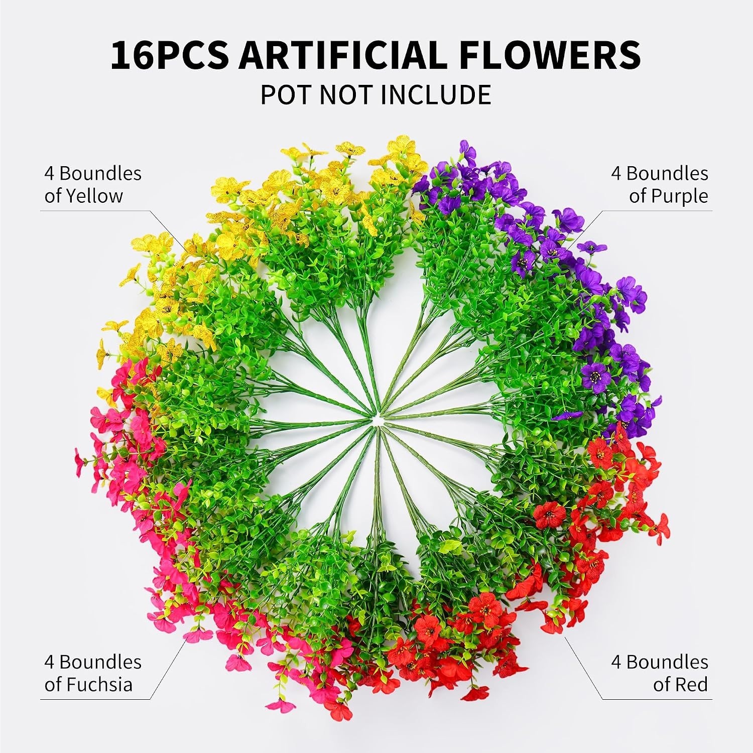 Vibrant 16-Pack Artificial Flowers – UV Protected for Stunning Garden Displays
