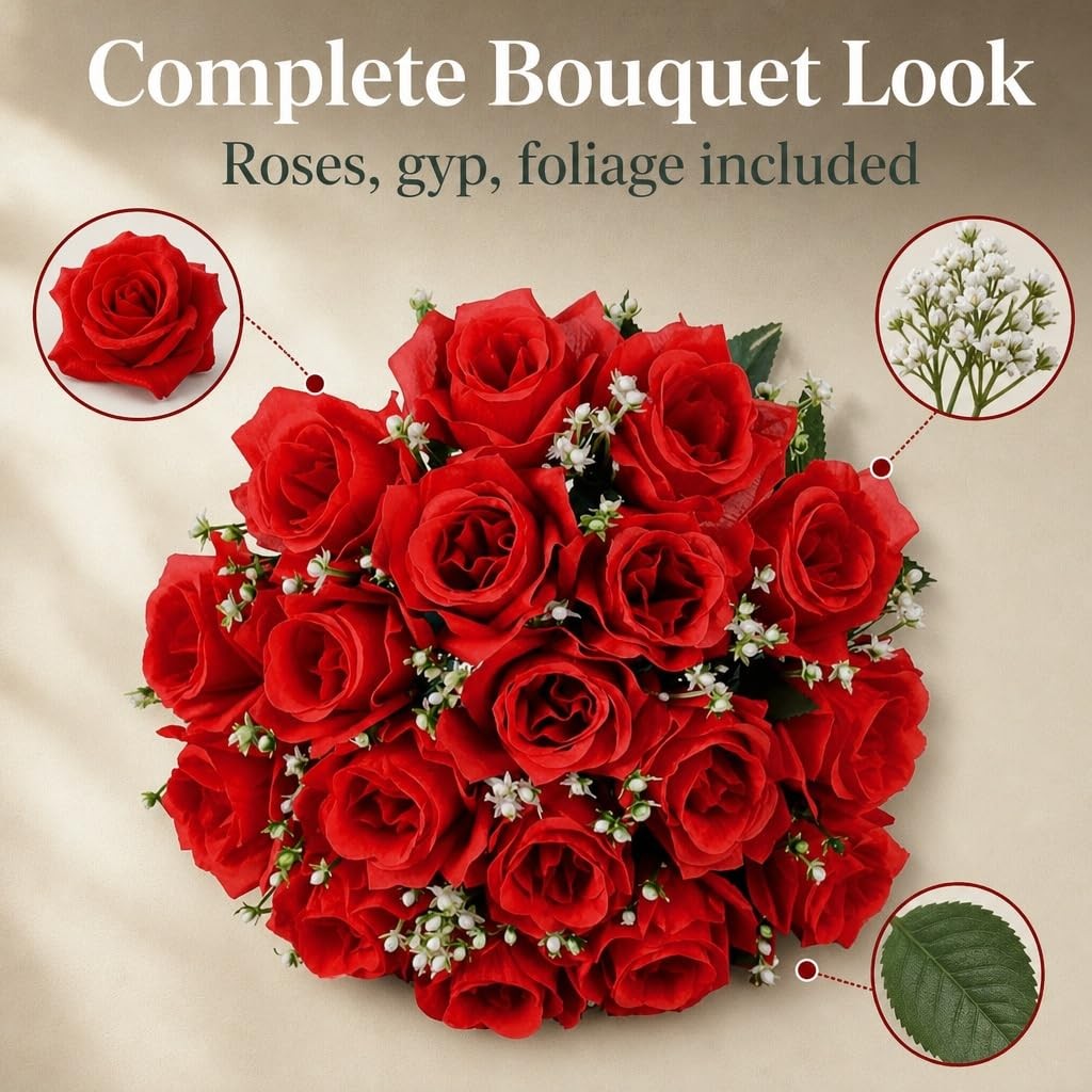 16 Inch Artificial Silk Red Rose Bush Gyp Foliage 24 Heads Wedding Grave 1 PCS