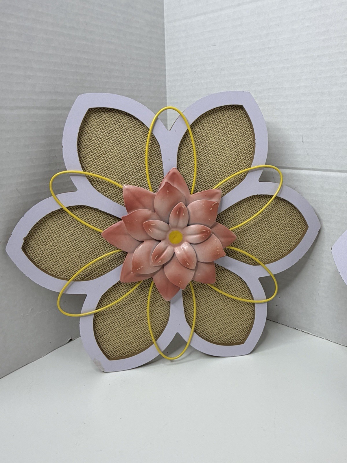 3 Wood Burlap & Metal 3D Flowers Decor Hanging 12” Wall Home Decor Wall Hanger