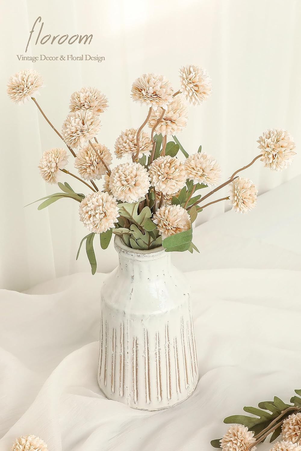 5pcs Beige Faux Silk Mums Artificial Flowers, Bulk Fake Small Mini