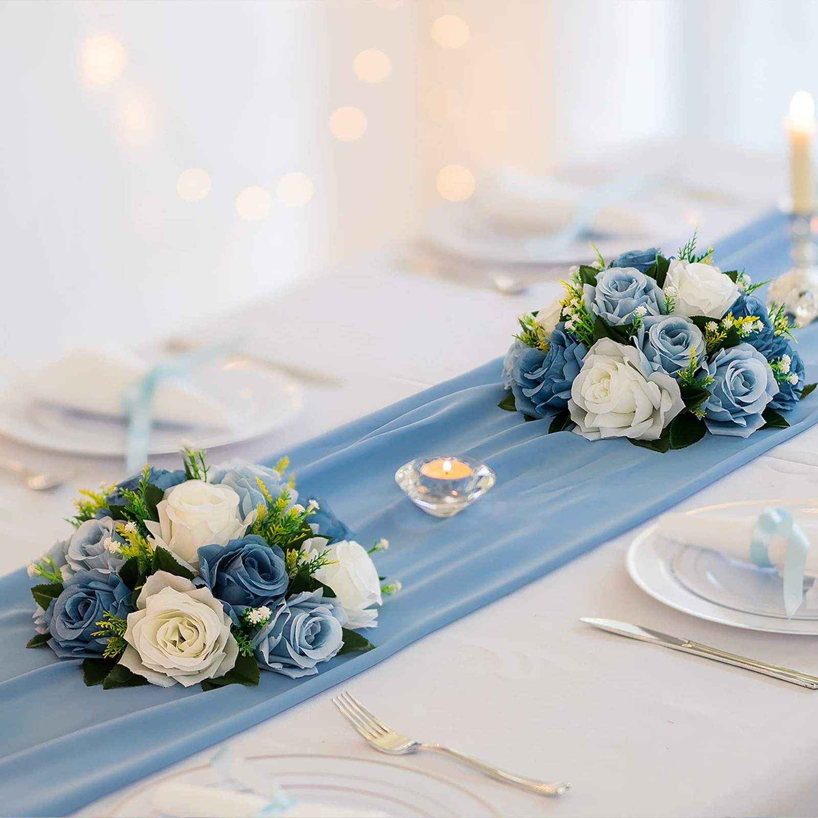 2 PCS Dusty Blue Fake Rose Flower Ball Centerpieces Silk Floral Bouquet