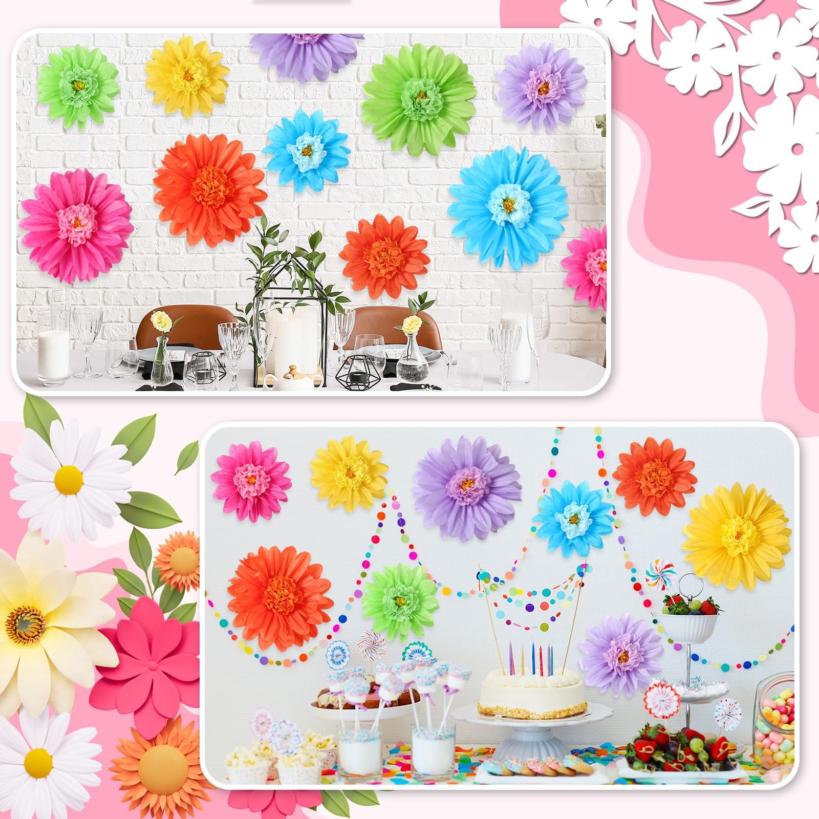 Tissue Paper Flowers 12 PCS Large Pastel 20/8 Inch Giant Rainbow Color