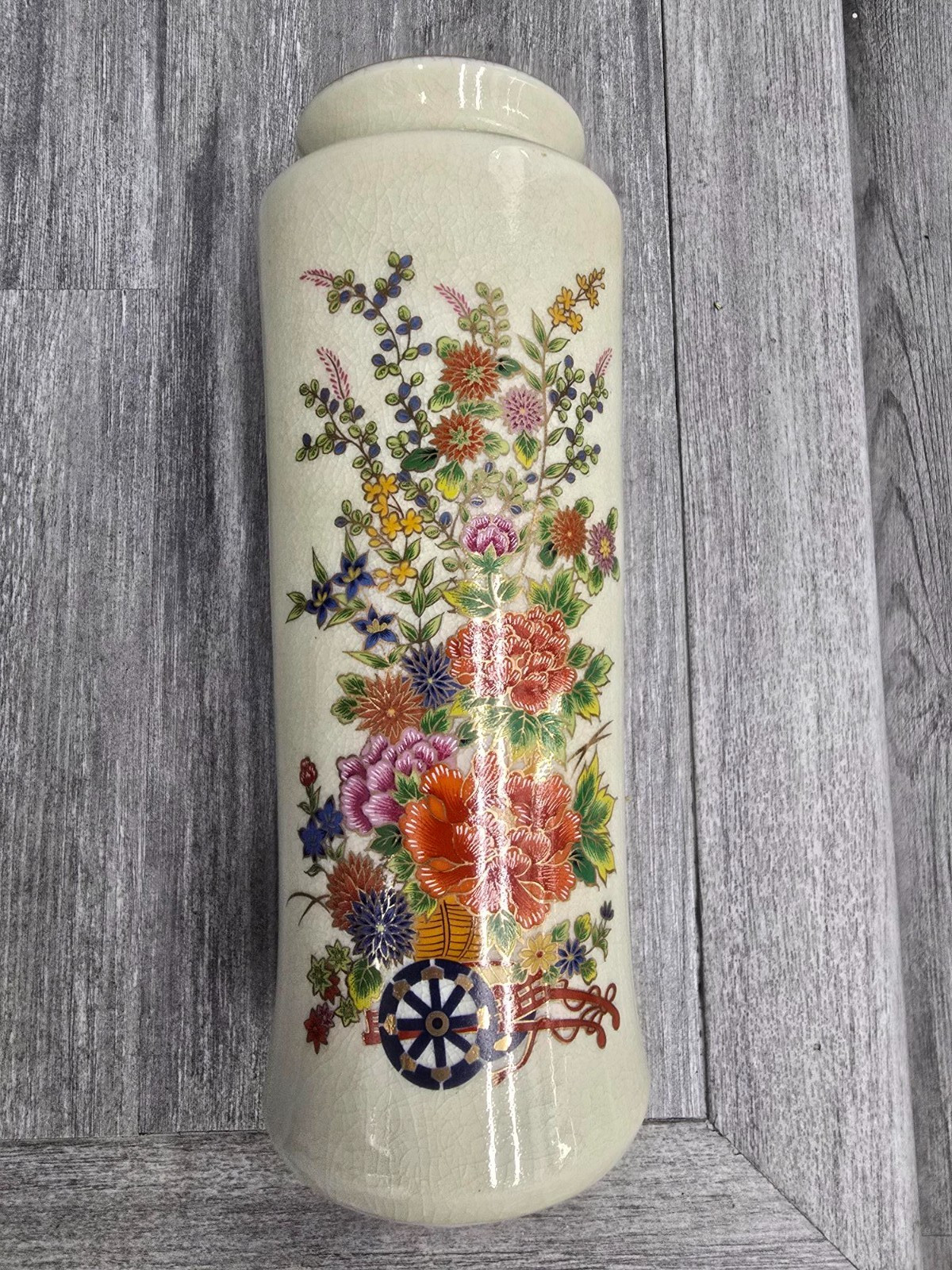 Vase Vintage Japanese Porcelain Crackle Glaze Floral Hand Painted