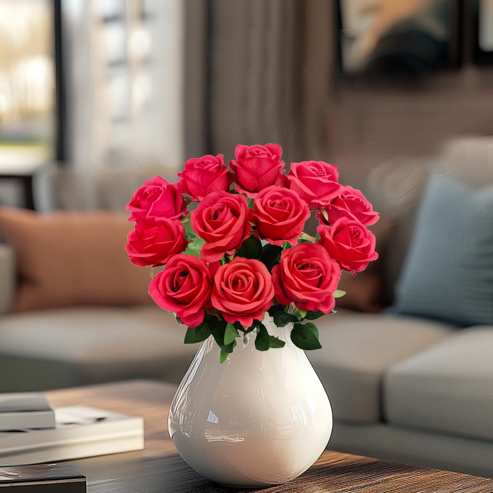 12PCS Fake Red Roses Artificial Red Flowers Bulk, Silk Faux Roses with Stems for