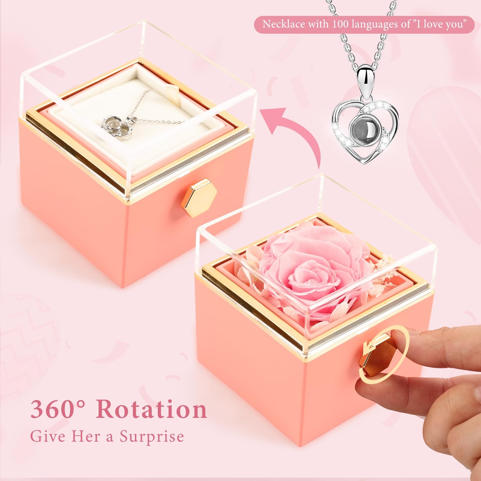 Preserved Real Pink Forever Rose Rotating Box with I Love You Necklace 100 La…